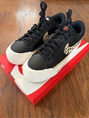 NIB Nike Women’s Court Legacy Lift Sneakers Black with Leopard Swoosh 8.5